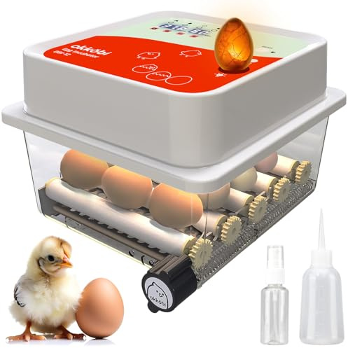 Okköbi OBI-12 Egg Incubator for Hatching Chickens, Ducks & Other Birds - Temperature Control - Humidity Display - Integrated Candler - Automatic Egg Turner - 5 Year Assurance