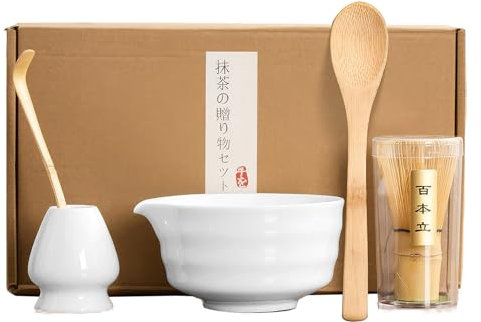 SOOPRNO 5-teiliges Matcha-Besen-Set mit Keramikschale, Bambusbesen, Löffel und Besenhalter | Wiederverwendbares & Premium Matcha-Set für Teeliebhaber | marmorierte Matcha-Schale - 500 ml（Weiß）