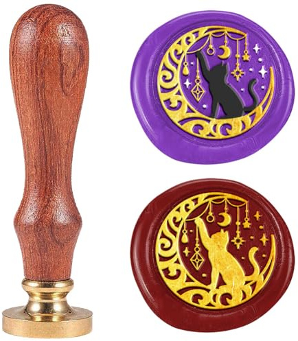 DELORIGIN Tampon de Cire à Cacheter en Forme de Chat et de Lune de 25mm Tampon de Scellement Rétro et Rêveur Tête en Laiton Amovible Cire à Cacheter pour Cartes de Vœux Lettres Invitations