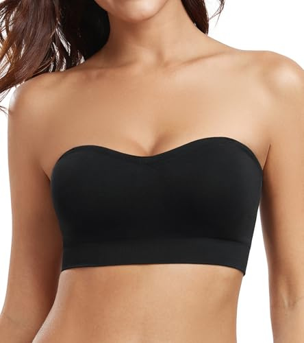 DotVol Women's Non-Slip Wirefree Strapless Bra with Removable Pads Seamless Multiway Bandeau Tube Bra(Black,M)