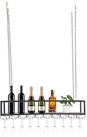 Hängande vinglashylla tak vinglashyllor hängande vinställ med glashållare och hylla 100 x 25 x 22 cm lastkapacitet 75 kg justerbar industriell hängande vinflaskhållare med skyddsräcke