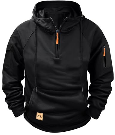 Hoodies for Men,Work Jumpers Mens Fleece Lined Cargo Military Hooded Sweatshirt Patchwork Tactical Pullover Tops Winter Gym Sports Outfits Hoody Essentials Hoodies with Zip Pockets Black