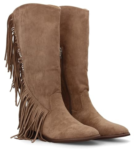 shoes&blues.es 94795 Bota Plana Mujer con Flecos y Estampado Liso, Diseno Moderno. Estilo Cowboy. Tacon Plano. Cierre de Cremallera. Ideales Otono Invierno. Beige Talla 39