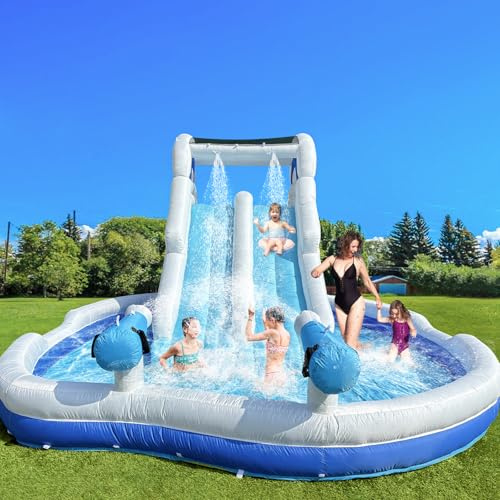Inflatable Double Water Slide-17.7FT Large Climber Inflatable Water Park for Big Kids 5-10-Huge Splash Pool-Easy to Set Up & Inflate with Air Blower,Carrying Case,Water Pipe,Storage Bag-Bule