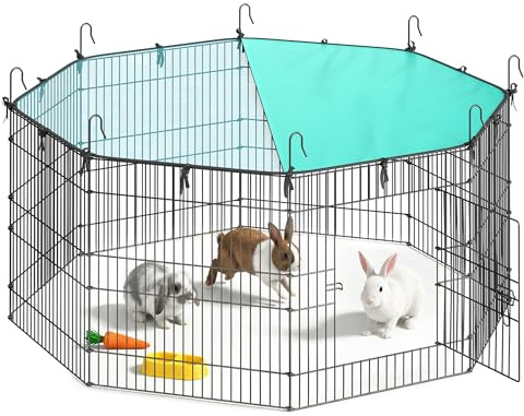 SONGMICS Kleintiergehege, Freilaufgehege mit Abdeckung, Gehege, atmungsaktiv, Sonnenschutz, für Kaninchen, Meerschweinchen, 8 Gitterplatten, 138 x 138 x 60 cm, tintenschwarz LPI020BH01