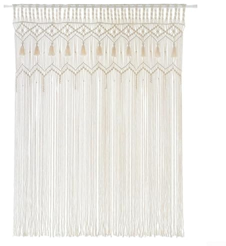 Tapiz de cortina de puerta de algodón tejido a mano para entrada o decoración bohemia de filtración de luz con lazo superior para colgar, 135 x 200 cm - Traje (blanco)