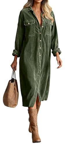 Novlewign Robe chemise décontractée en velours côtelé à manches longues avec poche pour femme