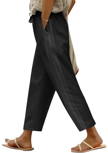 PASUDA Pantalon Femme Été 7/8 Pantalons Fluide Chic et Elegant Coton Pantacourt Taille Elastique Large Décontractée Léger Longueur Pants avec Poches (Noir, M)