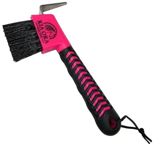 Kia Ora Equine Raschietto per zoccoli, rosa con spazzola e punta in metallo, impugnatura ergonomica antiscivolo, cordino per appenderlo, robusto zoccolo per cavalli, pony e stalla