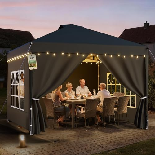 Soontrans Pabellón, 3 x 3 m, permite que todos se reúnan, pabellón plegable, altura ajustable, con paredes laterales y paredes de fachada, carpa, con bolsa de transporte y sacos de arena para jardín