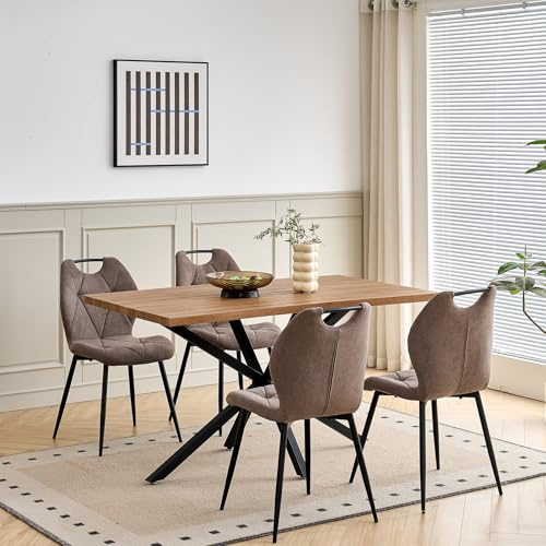 DEYARNA HOME Matsalsset med bord och stolar – 140 cm rektangulärt matbord med 4 vadderade matstolar, i linneutseende med handtag (mörkt trä + 4 x stolar (brun))