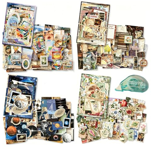 400 Stück Scrapbook Sticker und Vintage Papier Set Blumen Planet Scrapbook Aufkleber Retro Design Journaling Sticker Zubehör für DIY Scrapbooking Fotoalbum Planer Collagen Basteln Deko