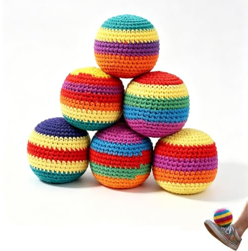 BRTNUP 6 Pack Colorful Knitted Footbag Sacks, Handmade Knitted Footbags Set | Hand-Knitted Foot Kicking Balls for Adults, Juggling Balls with Layered Rainbow Colors, Crochet Kick Bag for Outdoor Games