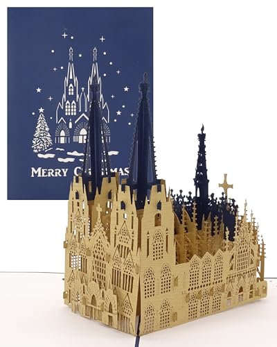 Pop-Up Karte Kölner Dom - Merry Christmas Blau, Weihnachtskarte Kölner Dom, Pop Up Karte zu Weihnachten, 3D Karte Köln, Christmas Greeting Card Cologne