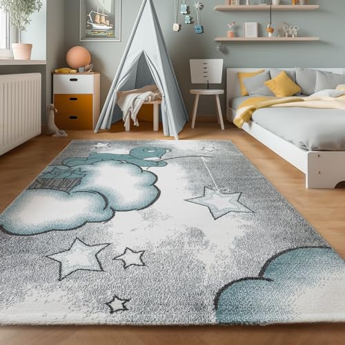 SIMPEX Teppich Rund Kinderzimmer Bär-Himmel Wolken Sterne Design Kurzflor Kinderteppich mädchen Spielteppich Modern Design Babyzimmer Teppiche für Junge und Mädchen Extra Weich 160 cm Rund