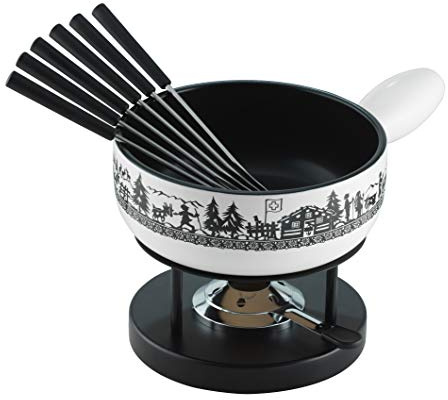 KUHN RIKON Alpenweide, Set à fondue à fromage 23 am, en argile, compatible avec plaques à induction, avec réchaud, brûleur à pâtes et fourchettes Blanc