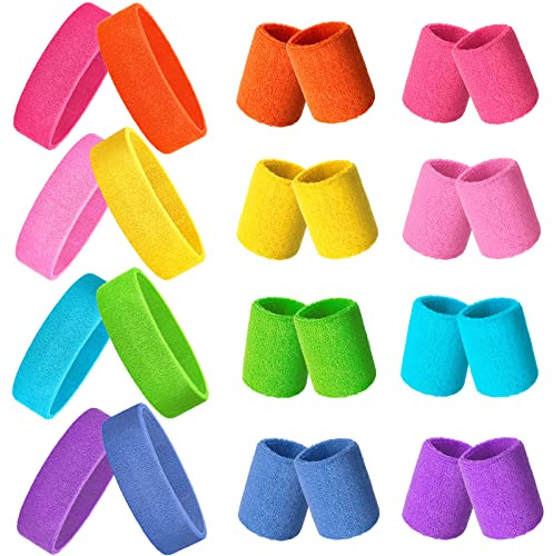 24 Pieces 80s Neon Sweatbands Set, Include 8 Sports Headbands and 16 Sweat Wristbands Elastic Athletic Tennis Sweat Bands Bulk for Man Woman(Bright Colors)