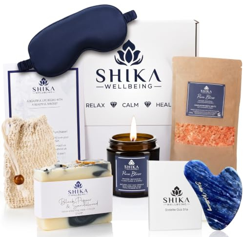 Shika Wellbeing UK Pure Bliss Relaxation Aromatherapy 6 Self Care Pamper Gift Set for Women, Birthday, Maternity Gifts, Pampering and Relaxation to Help Sleep and De-Stress, Bath and Shower Sets