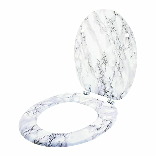 Optimal Products Anti-Bacterial Coating Marble Effect Toilet Seat Loo Seats No Rust Stainless Steel Hinges Slow / Soft Close (White)