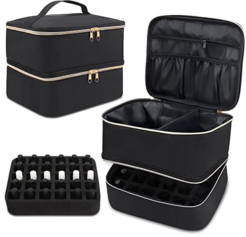 Yokilly Make-up-Tasche,Doppellagige Reisetasche,Nagellack-Organizer Für 30 Flaschen(15ml) Und Eine Nagellampe,Kosmetikkoffer Mit Nagelzubehör-Aufbewahrungsfächern(Nur Tasche) (Schwarz)