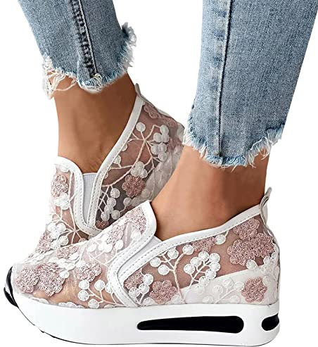 KBOPLEMQ Sneaker Damen Pailletten Keilabsatz Schuhe Atmungsaktive Ausgeschnittene Spitze Stoffschuhe Frauen Laufschuhe Sommer Outdoor Slip On Walkingschuhe Glitzer Loafers