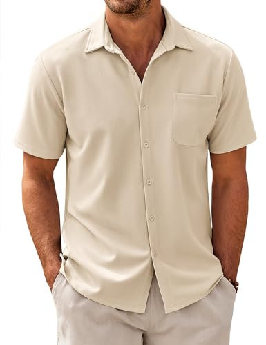 COOFANDY Herren Kurzarm Hemd Business Hemden mit Tasche Freizeithemd Casual Sommerhemd Fischgrätmuster Textured Shirts Creme Beige XL