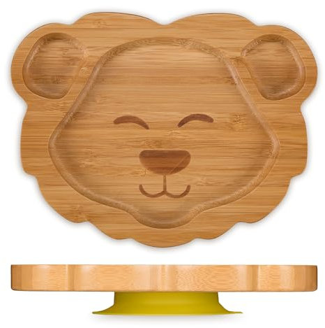 Relaxdays Baby Teller mit Saugnapf, Bambus, Motiv Löwe, rutschfest, BPA-frei, Beikost, unterteilter Kinderteller, natur