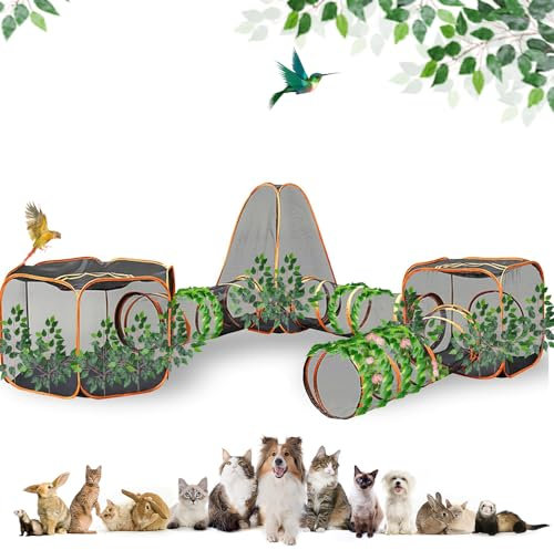 KUCDBUN Outdoor Katzengehege, Katzenzelt mit Blättern, 6 in 1 Outdoor Katzentunnel mit Katzenzelte für Draußen, Katzenlaufstall für Katzen Kaninchen Frettchen und Kleintiere