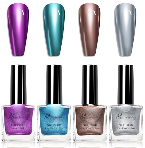 4Pcs Metall Spiegel Nagellack Set - Spiegelnagellack Effekt Schnelltrocknend Chrom-Nagellack Fingernagellack, Einfach zu Verwenden & Entfernen Kratzfest - Glitzer Rosa Bronze Lila Blau Silber (Bunt01)
