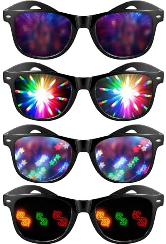 Diffraction Glasses 4 Stück Kaleidoskop Brille Diffractions Party Brille Kaleidoskop-Brillen mit 3D Prisma Herz Stern Effekt Karneval Tanzlichtshow Musikfestival Kostümparty Für Jungen Mädchen