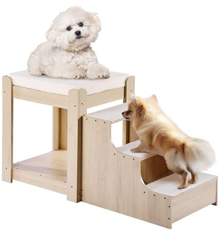 VEVOR Letto a Castello per Animali Domestici con Scale, Trespolo per Finestra per Cani/Gatti a più livelli per Uso Interno Accanto a Letto, Piattaforma di Seduta Rialzata con Cuscino in Schiuma, Beige