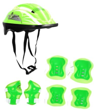 perfk Kinder-Fahrradhelm-Set mit Knieschützern, Mehrzweck-Rollschuhhelm mit Handgelenkschützern für Longboard-Radfahren, Rollschuhlaufen, GrÜn