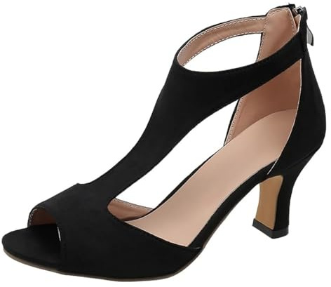 Womens Heeled Sandals,Peep Toe T Strap High Heels Sandals for Women Heeled Summer Wedding Party Ladies Court Shoes Zipper Black