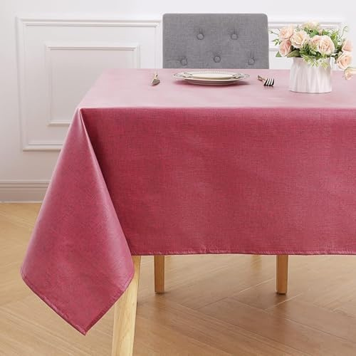 smiry Rectangular Table Cloth Wipe Clean 140x300 cm, Wipeable Water Resistant Linen Tablecloth, Fabric Washable Dining Table Cover for Kitchen Indoor Outdoor, Wine Red