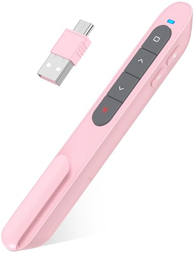 2-in-1 USB-A & USB-C Presentation Remote – Pink Wireless PowerPoint Clicker with Red Light, Volume Control & Hyperlink – Plug & Play Slide Advancer for Laptop, PC, Mac