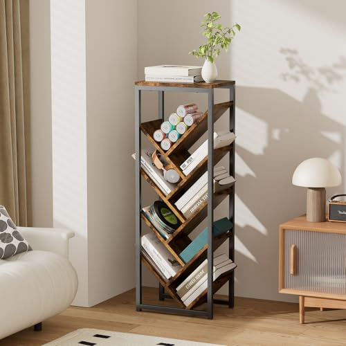 Warmiehomy 9 Tier Tree Book Shelf, Display Shelf Bookcase 105 cm, Wood CD Rack Tree Bookshelf with Top, Floor Freestanding Bookcase, Corner Shelf Unit Display Rack, Home Office, Brown