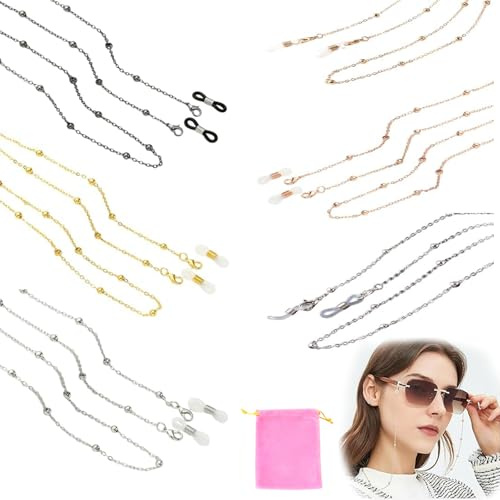 VYNZOR Cadena de Gafas Mujer 6 Piezas Cordones de Gafas de Metal Colgante Retenedor Soporte Antideslizante para Lectura Alrededor del Cuello Hombres Señoras Plata Oro Rosa