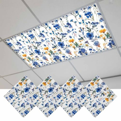 Fluorescent Light Covers, Blue Flowers Magnetic Light Covers for Ceiling Lights, Spring Watercolor Oil Painting Floral Plant Fluorescent Ceiling Shade Filters for Classroom Bedroom Office 4x2Ft x 4PCS