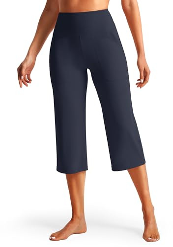 Libin Leggings Capris 3/4 Yoga para Mujer de Cintura Alta, Pierna Ancha, Ligero De Verano, Pantalones De Pierna Recta, Deporte Piratas Running Transpirable con Bolsillos, Azul Marino XS