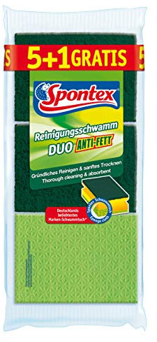 Spontex Reinigungsschwamm Duo Anti-Fett 5+1, Topfreiniger mit Trockenseite, Farbe nicht frei wählbar, grün/pink, 6 Stück