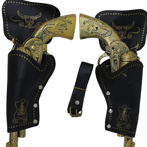 FIESTAS GUIRCA | Fondina Doppia con Pistole Finte (29 cm) - Accessorio per Costume da Cowboy del West Texas Sceriffo Carnevale Halloween Adulto Bambino - Marrone Oro