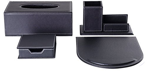 KINGFOM 4pcs Leder büro Schreibtisch Set - Inklusive Kosmetiktücherbox,Mauspad, Stifthalter mit Visitenkartenhalter und Zettelbox (T11-4-Schwarz)