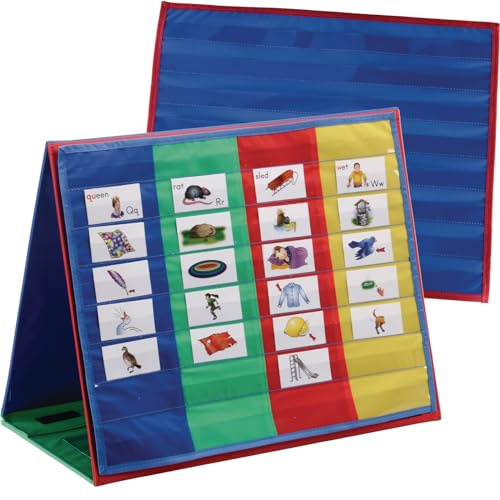 Really Good Stuff Desktop Pocket Charts and Stand, Includes Two Pocket Charts that Adhere to Foldable Stand – Pockets in Stand Hold Flash Cards and More – Easy to Store, Transport, 18” by 10⅜” by 14”