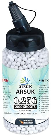 ARSUK Billes d'Airsoft Recharge Balles 6mm 0.20g, de Haute qualité Surface polie À Toute épreuve Forme Biberon Pratique, Quantités; 2000, 4000, 5000, 10,000 Rondes (0,20 g Sac de-2000 Blanc)