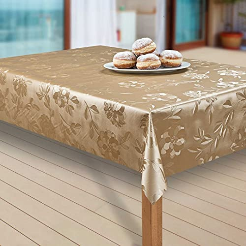 laro Wachstuch-Tischdecke Abwaschbar Garten-Tischdecke Wachstischdecke PVC Plastik-Tischdecken Eckig Meterware Wasserabweisend Abwischbar, Muster:Dahlien Gold Beige, Größe:100-140 cm