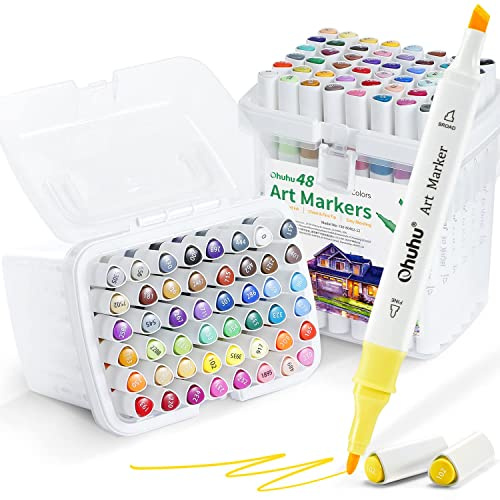 Ohuhu Alcohol Based Markers Set: 96-pack Double Tipped Art Marker - Chisel & Fine Color Sketch Markers for Artists Adult Coloring Drawing Illustration - 2 x Colorless Blender & 2 x Case