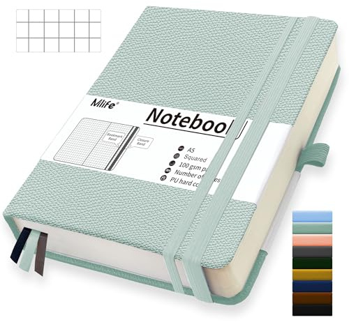 Mlife A5 Squared Paper Notebook Épaissi,360 Pages Et 100g/M² De Papier Résistant À L'Encre,Carnets De Notes Avec Pochette Pliante Pour Le Bureau École Maison Écriture&Carnet de Notes(Bleu Vert)