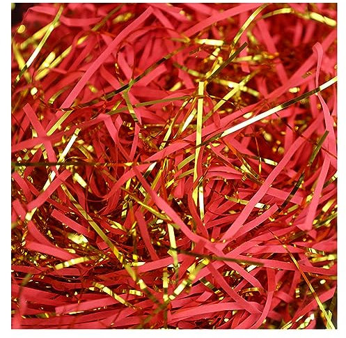Yurosiay 500g Raffia Geschreddertes Papier Zweifarbiger Raffia Hamper Shreds Mit Goldfaden Geschenkfüllung Papierschnitzel Geschreddertes Papier Füllmaterial für Geschenkbox Dekoration Rot