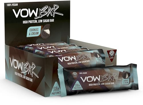 VOW Protein Bar, High Protein, Low Sugar, 100% Vegan Protein Snack Bar, 48g x 12 (12 x 48g Pack, Cookies & Cream)