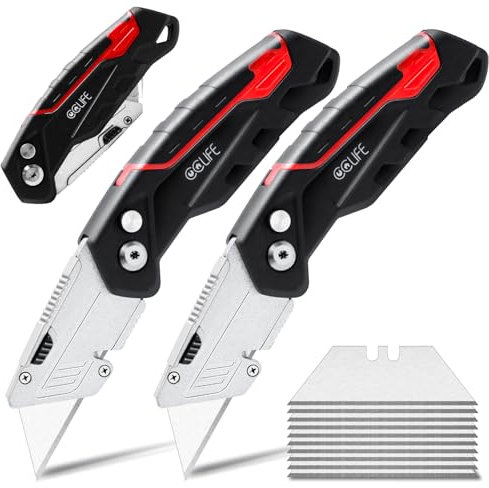 CCLIFE 2 pezzi Taglierino Pieghevole Professionale, Cutter Universale Portatile con 10 Lame Aggiuntive, Clip da Cintura e Blocco di Sicurezza, Nero-Rosso